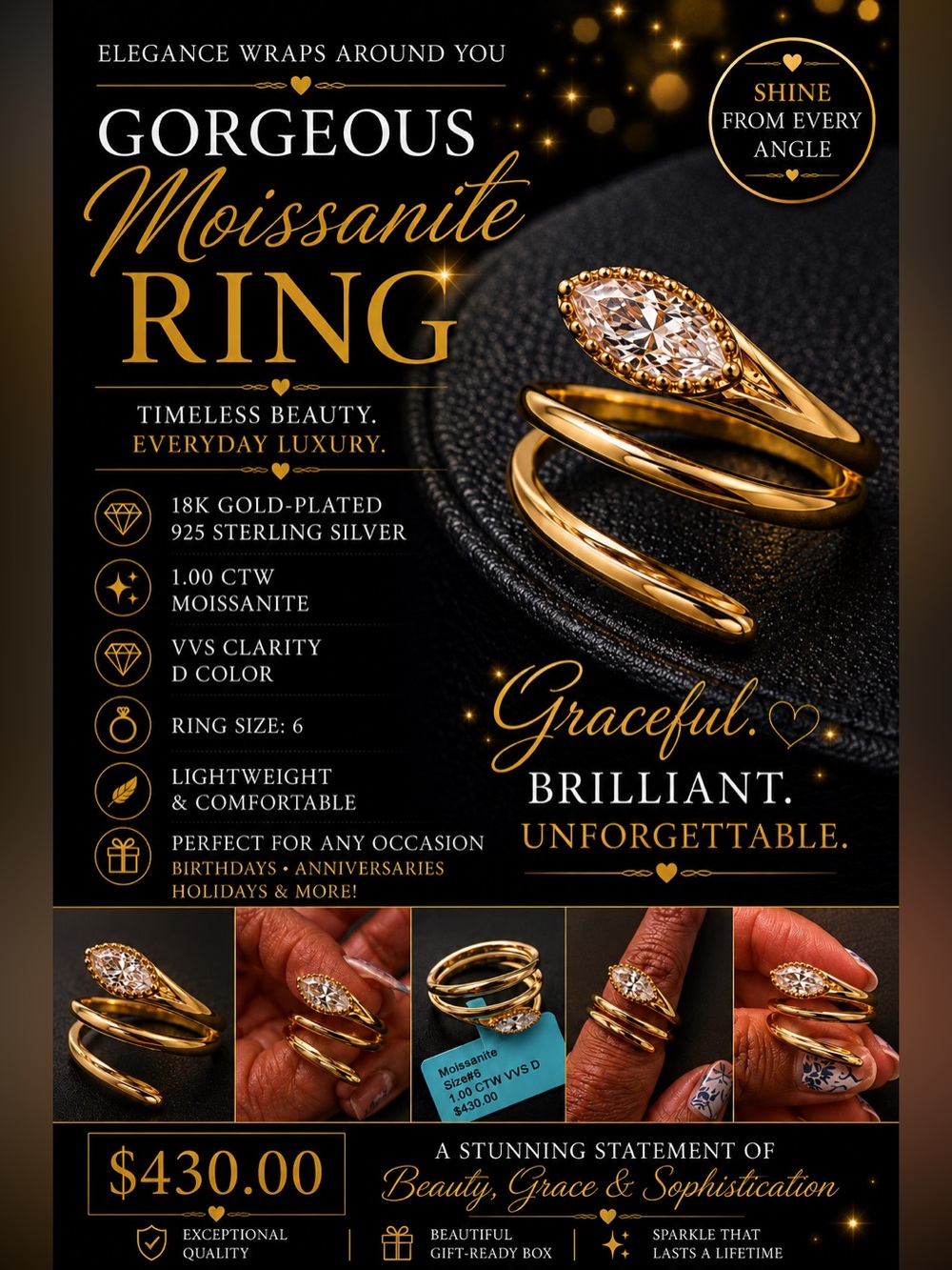 18K Gold-Plated Sterling Silver
Marquise Moissanite Ring